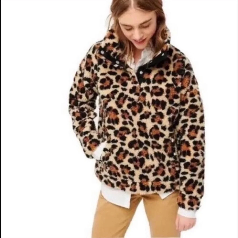J. CREW Jacket Vintage Fleece cropped leopard faux fur Snaps Pockets pul… - Picture 4 of 13